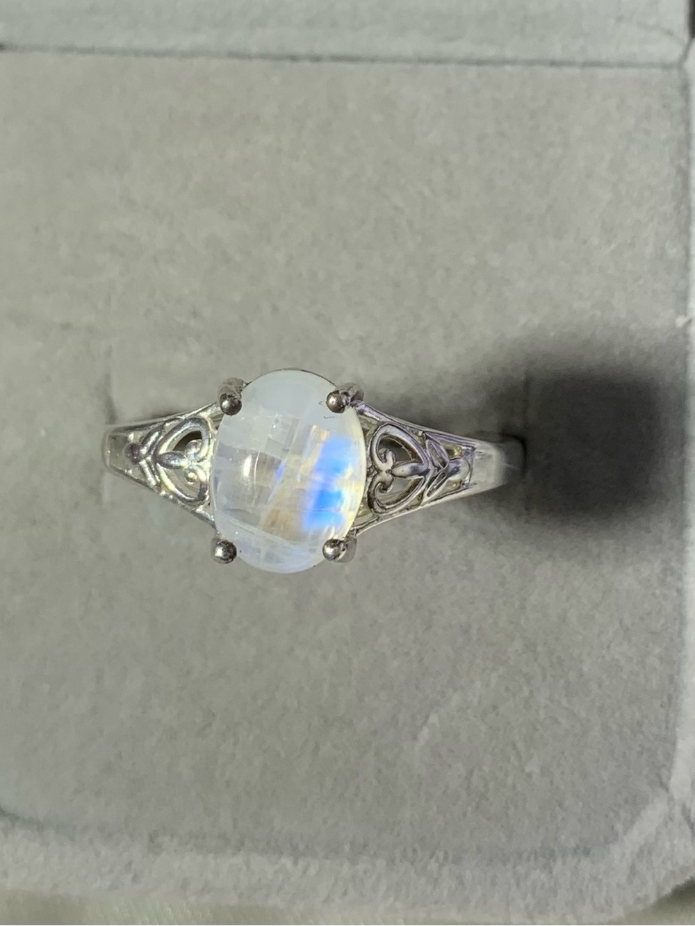 Moonstone Solitaire Filigree Ring - White with Blue Flash Sterling Silver sz 11